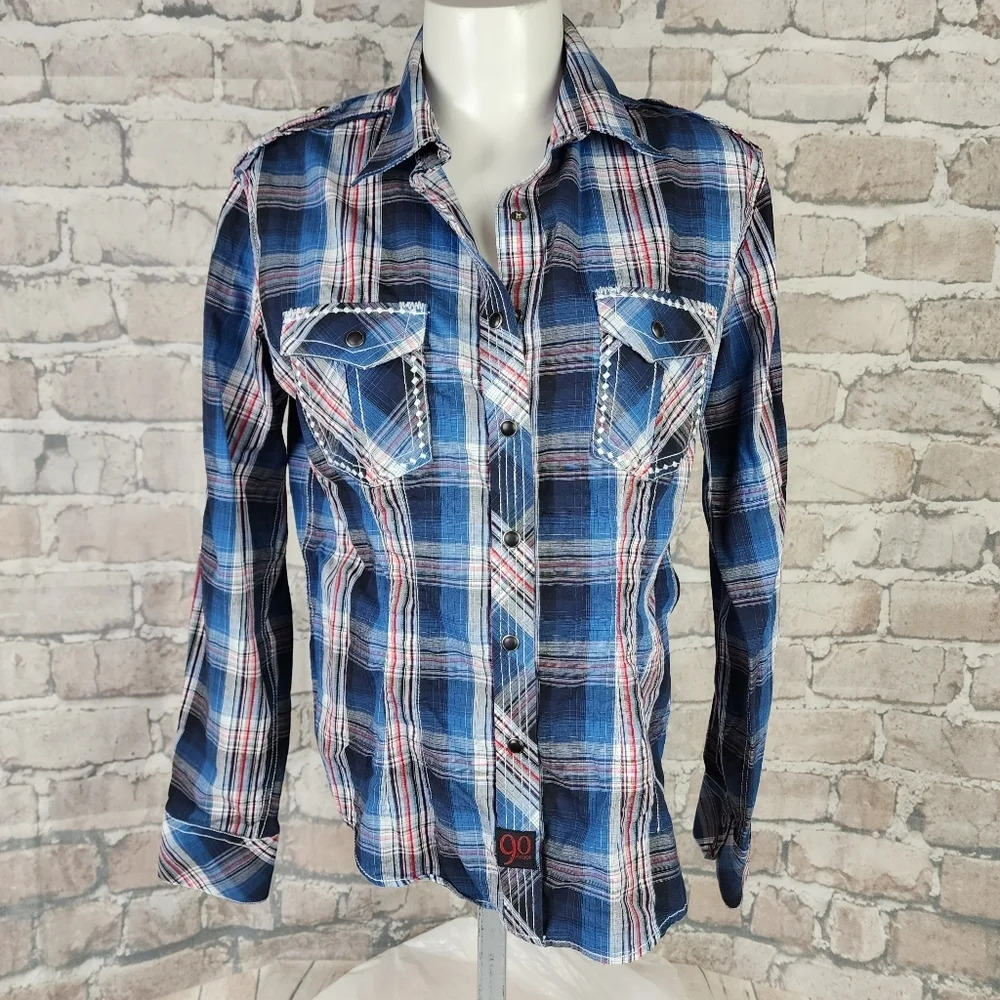 Panhandle Slim Plaid Pearl Snap Shirt Embroidered Blue Red Size Medium